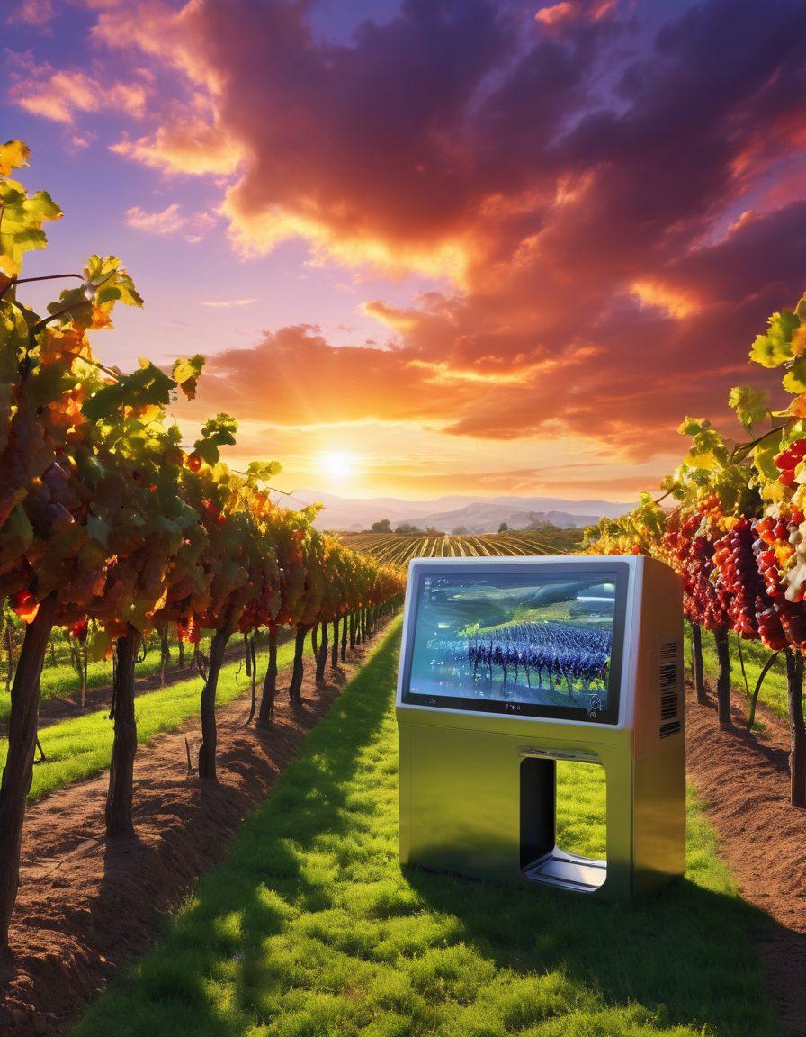 A futuristic vineyard with sleek grapevines under a glowing sky, innovative wine-making machinery in the foreground, and wine enthusiasts engaging in a tasting session. Incorporate elements of technology like holographic displays showcasing wine trends and insights. Emphasize a warm, inviting atmosphere with vibrant colors to evoke a sense of excitement and discovery. super-realistic. vibrant colors.