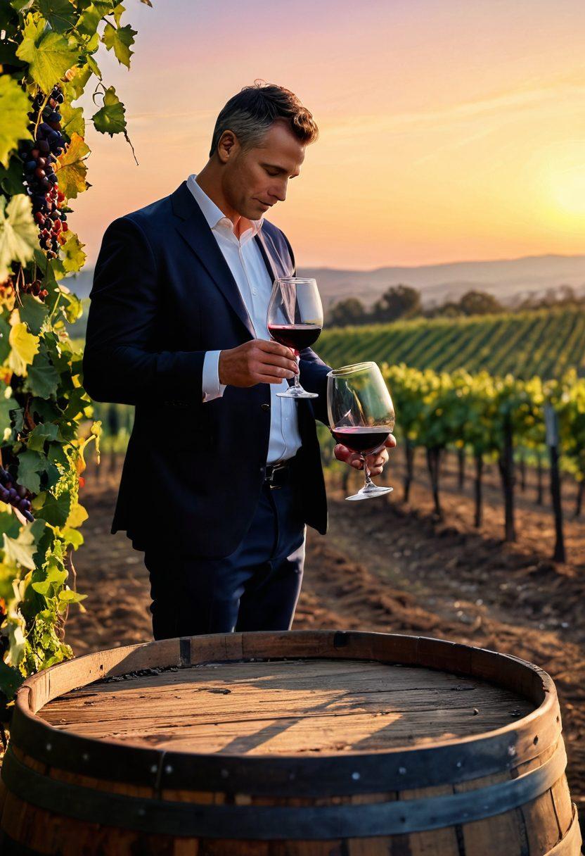 A picturesque vineyard at sunset, with lush grapevines stretching towards the horizon and a winemaker carefully inspecting the grapes. A vintage wine glass filled with rich, red wine sits on a wooden barrel nearby, reflecting the golden light. In the background, modern wine production equipment subtly blends with traditional elements, showcasing the evolution of wine making. soft-focus effect. vibrant colors. painting.