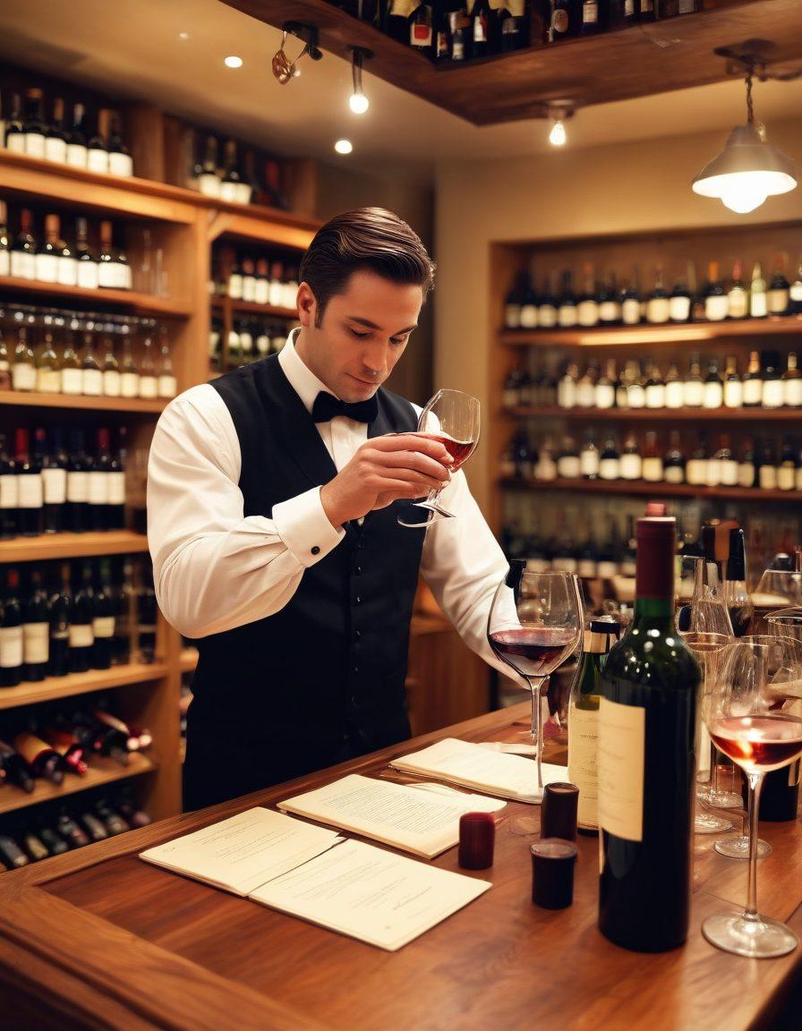 An elegant wine bar scene, showcasing a sommelier expertly pouring wine into a glass, surrounded by shelves of diverse wine bottles. Soft, warm lighting illuminates the rich wooden bar, highlighting the intricate labels on each bottle. In the background, a blurred view of patrons engaged in conversations, creating a lively atmosphere. Include a few wine tasting notes on a small notepad beside the sommelier. super-realistic. warm colors. cozy ambiance.